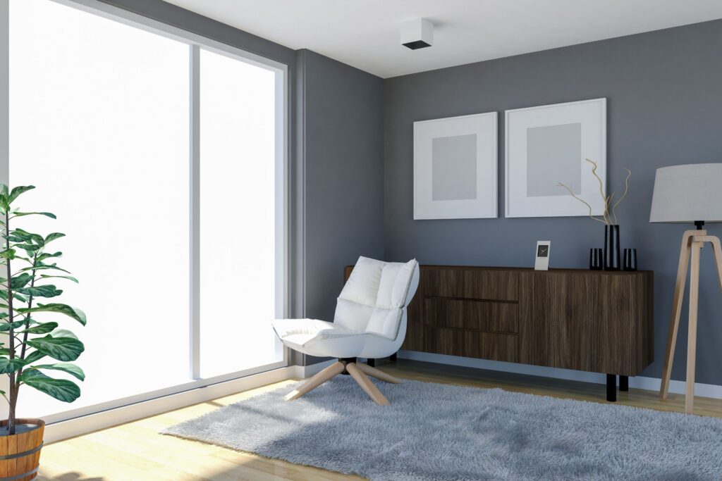 A calming psychologist's office in Sydney with a grey carpet and chair