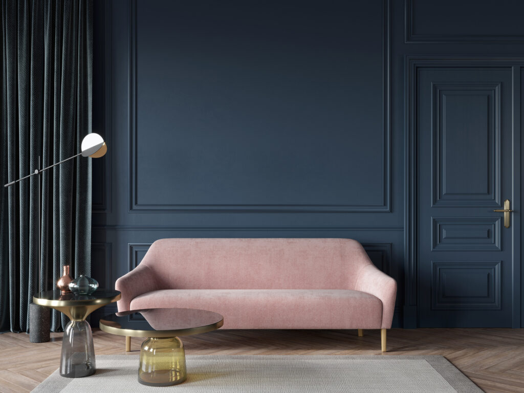 A calming psychologist's office with a light pink lounge