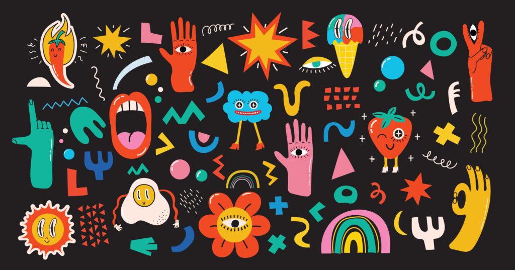 Big Set of Different colored Vector illustrations in Cartoon Flat design. Hand drawn Abstract shapes, funny cute Comic characters.