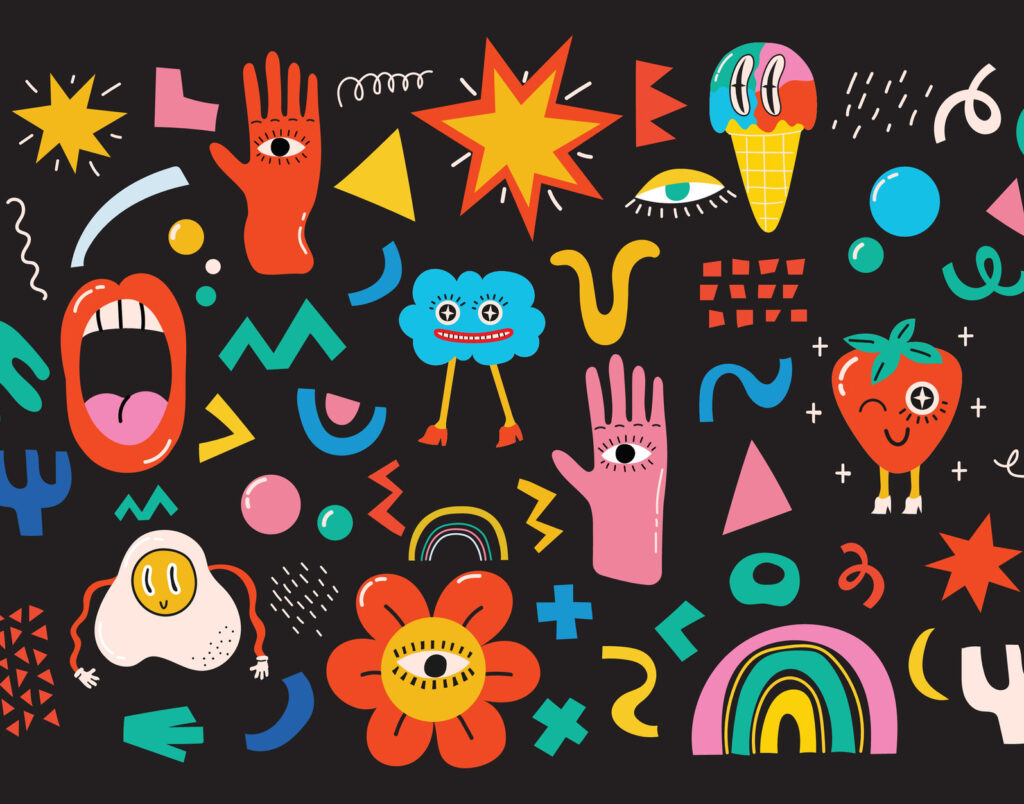 Brightly coloured illustrations like a cloud, a hand and a strawberry against a black background