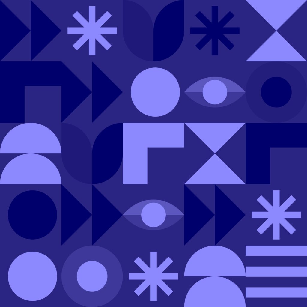 A blue and lavender graphic of symbols including circles, eyes and asterisks.